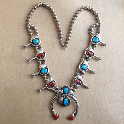 Turquoise and coral on sale squash blossom necklace